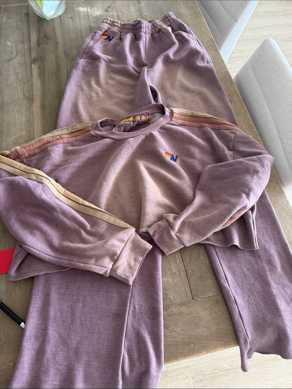Aviator Nation Mauve Pullover with Multicolor 'N' Logo and Tan/Pink Stripes